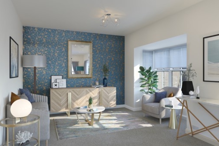 Modern living room with blue feature wall