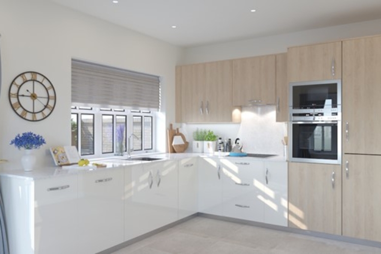 Kitchen with white and wooden cabinets